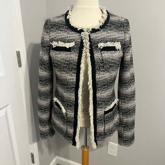 Cynthia Rowley Black/Grey/Pink Fringed Striped Blazer Sz M - Picture 1 of 7